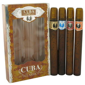 CUBA BLUE by Fragluxe Gift Set -- Cuba Variety Set includes All Four 1.15 oz Sprays, Cuba Red, Cuba Blue, Cuba Gold and Cuba Orange for Men