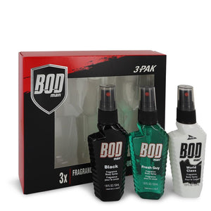 Bod Man Black by Parfums De Coeur Gift Set -- Three 1.8 oz Body Sprays Includes Bod Man Black + Most Wanted + Really Ripped Abs for Men