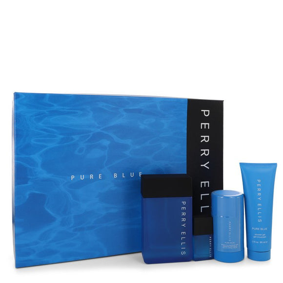 Perry Ellis Pure Blue by Perry Ellis Gift Set -- 3.4 oz Eau De Toilette Spray + 3 oz Shower Gel + 2.75 oz Deodorant Stick + .25 oz Travel EDT Spray for Men