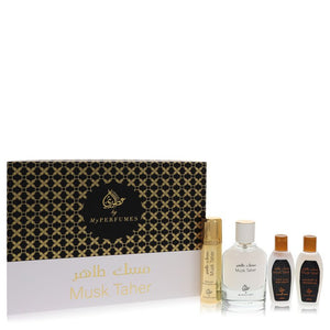 Musk Taher by My Perfumes Gift Set -- 3.4 oz Eau De Parfum Spray + 3.4 oz Perfumed Hair & Body Mist + 2 oz Shower Gel + 2 oz Body Lotion for Men